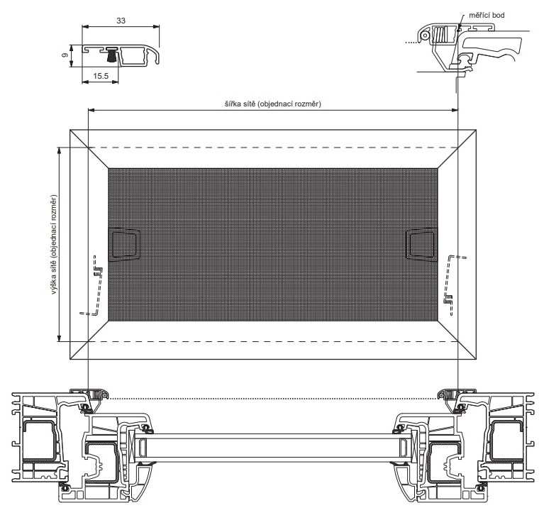Okenní síť PS582 s lemem - zaměření pružinové držáky